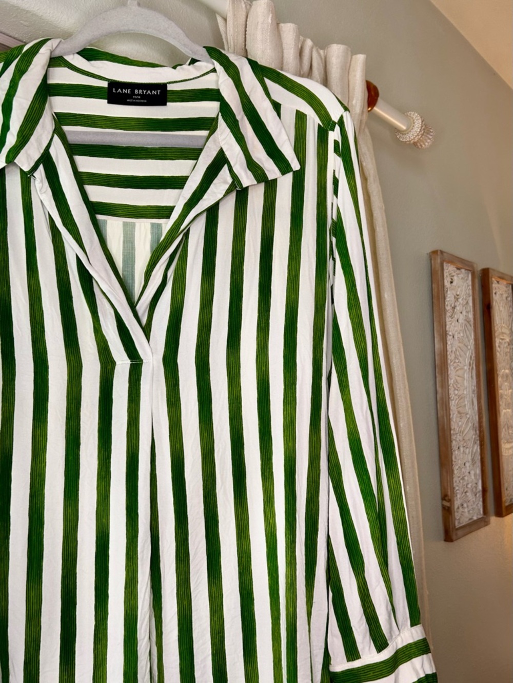 Lane Bryant Green & White Striped V-Neck Top